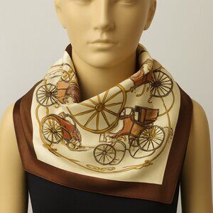 Vintage Equestrian Style Colorful Scarf – Brown/Gold Carriage Wheel Print 30x30"